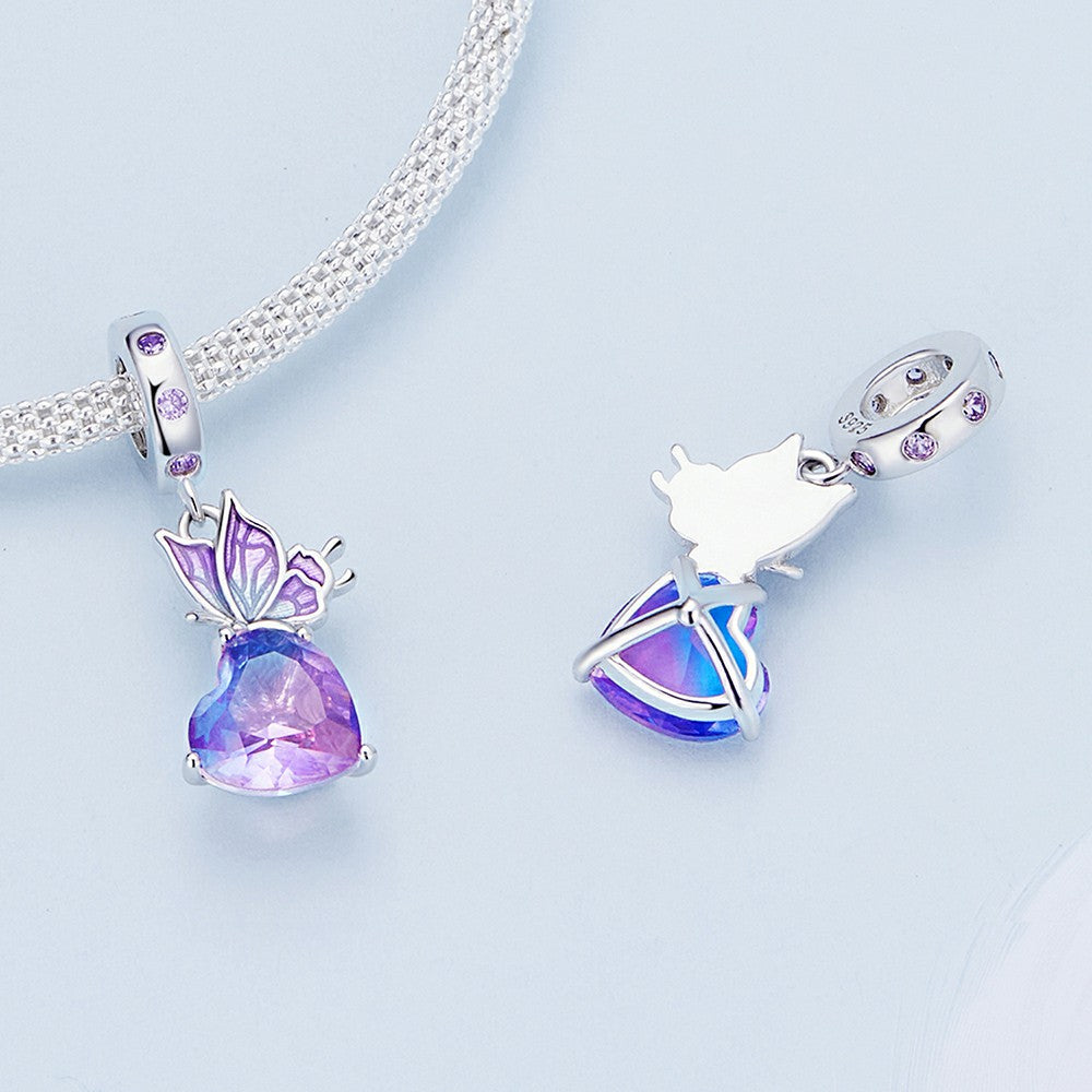 Butterfly with Purple Heart Dangle Charm Silver