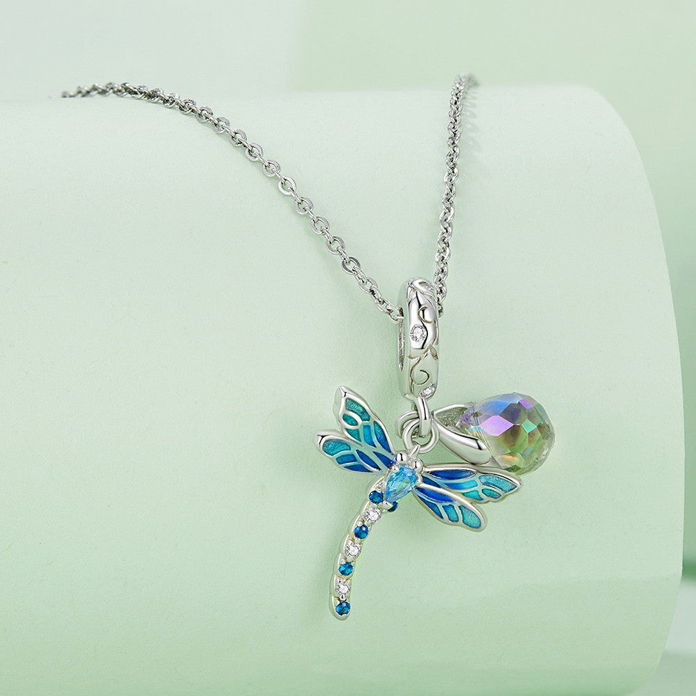 Dragonfly and Water Drop Dangle Charm Silver