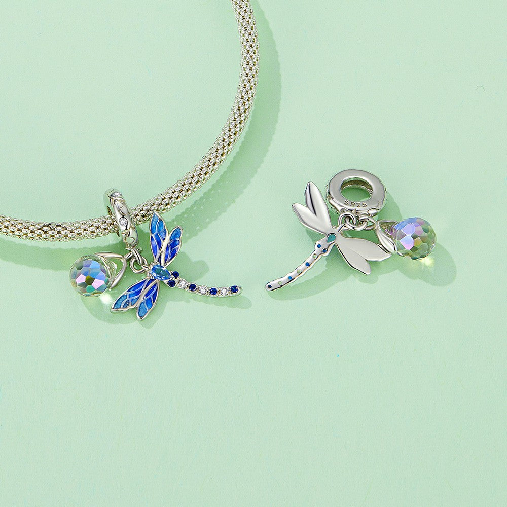 Dragonfly and Water Drop Dangle Charm Silver