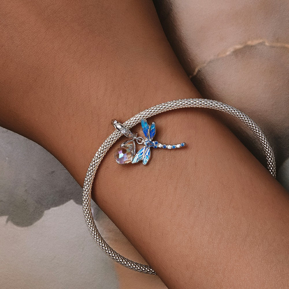 Dragonfly and Water Drop Dangle Charm Silver