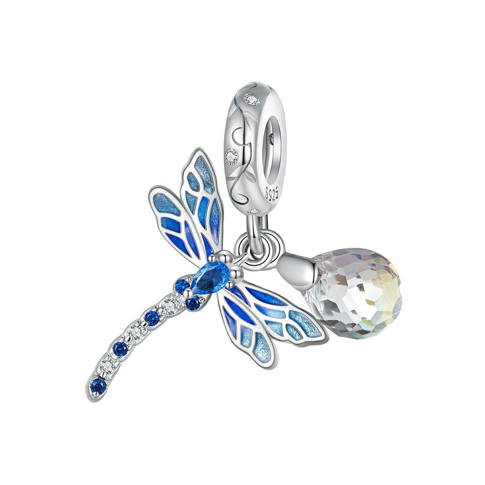 Dragonfly and Water Drop Dangle Charm Silver