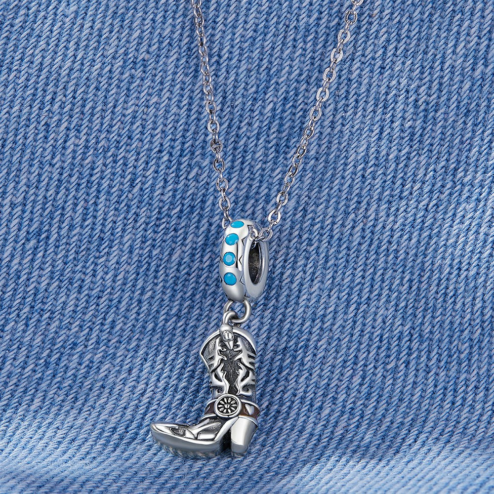 Cowboy Leather Boots Dangle Charm Silver