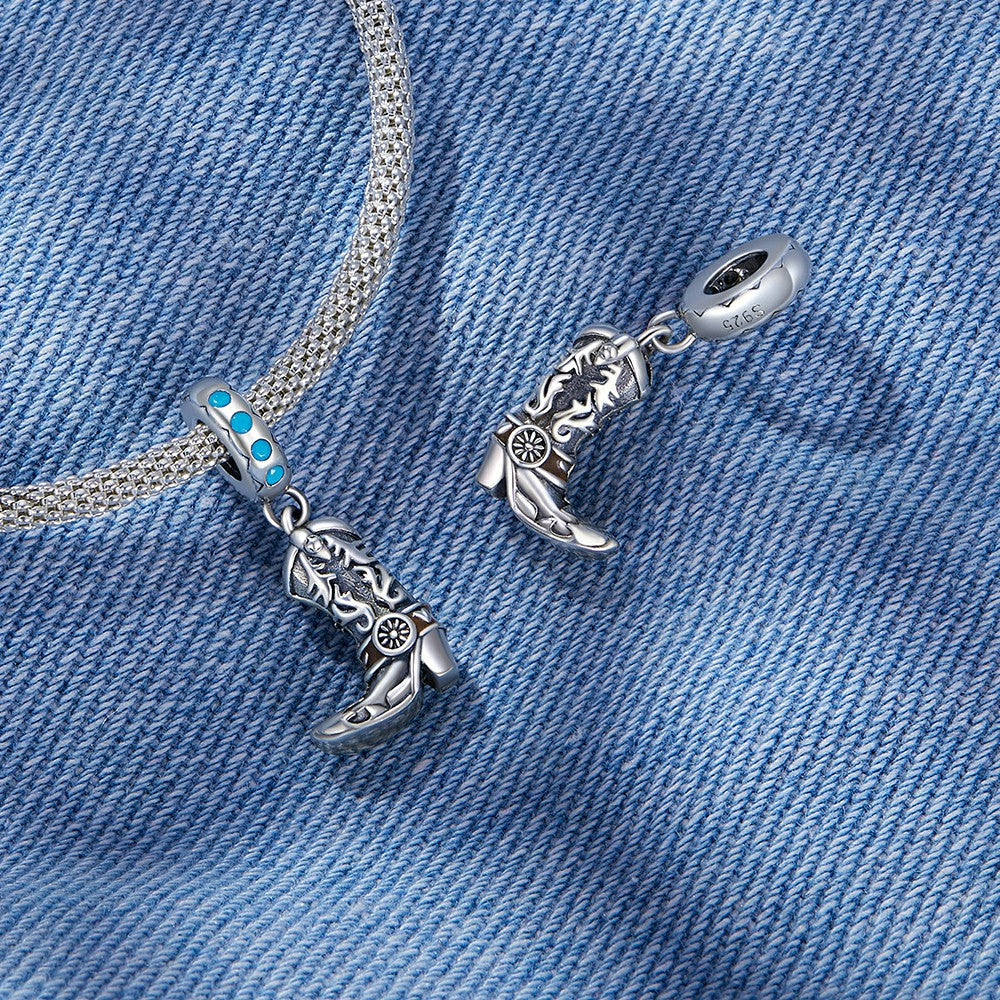 Cowboy Leather Boots Dangle Charm Silver