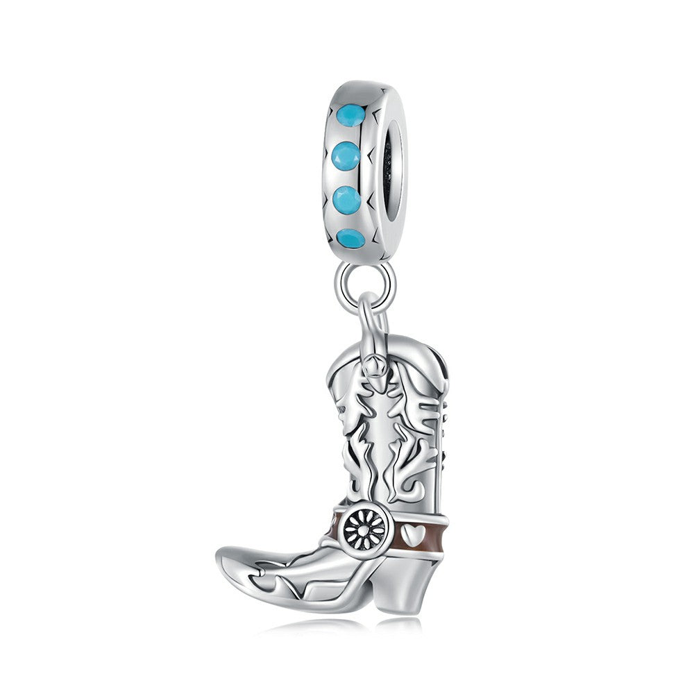 Cowboy Leather Boots Dangle Charm Silver