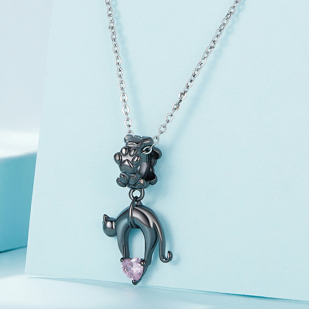 Black Cat with Pink Heart Dangle Charm Silver