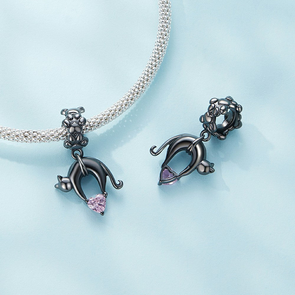 Black Cat with Pink Heart Dangle Charm Silver