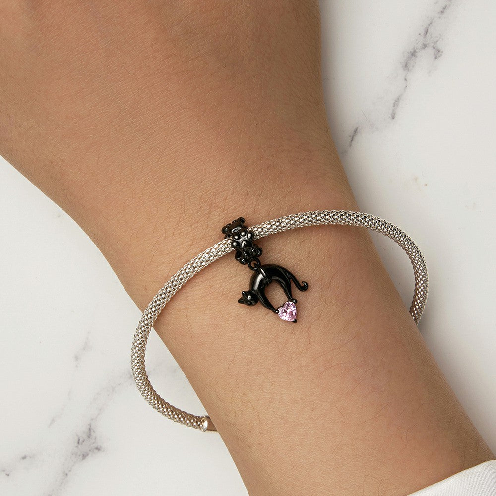 Black Cat with Pink Heart Dangle Charm Silver