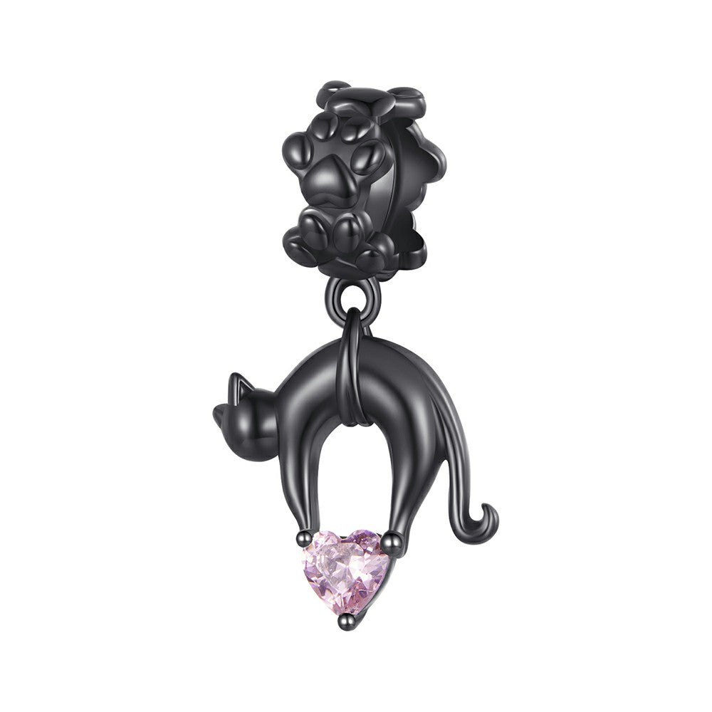 Black Cat with Pink Heart Dangle Charm Silver