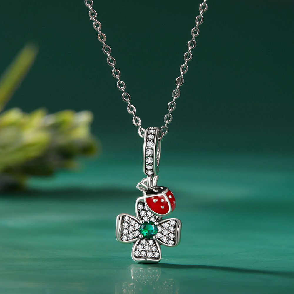 Lucky Clover Ladybug Dangle Charm Silver