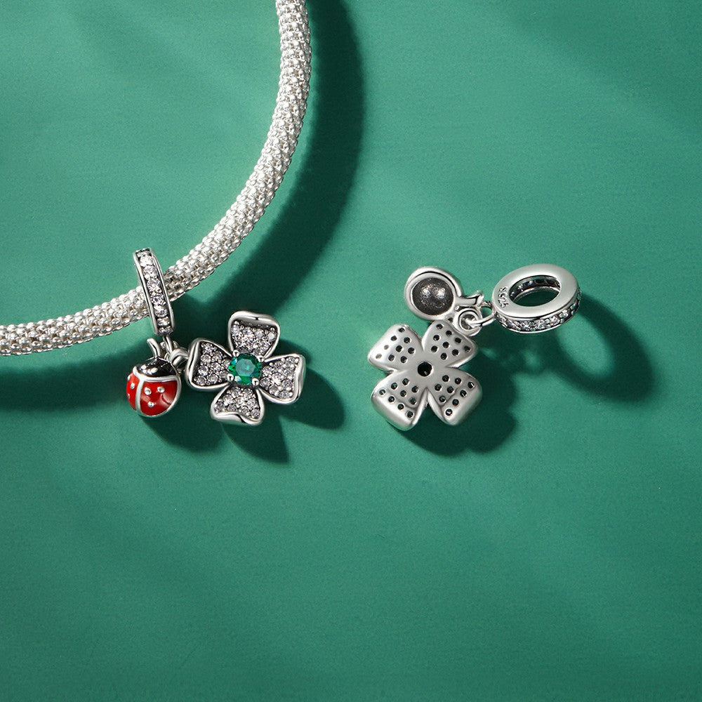 Lucky Clover Ladybug Dangle Charm Silver