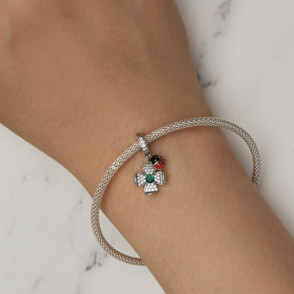 Lucky Clover Ladybug Dangle Charm Silver