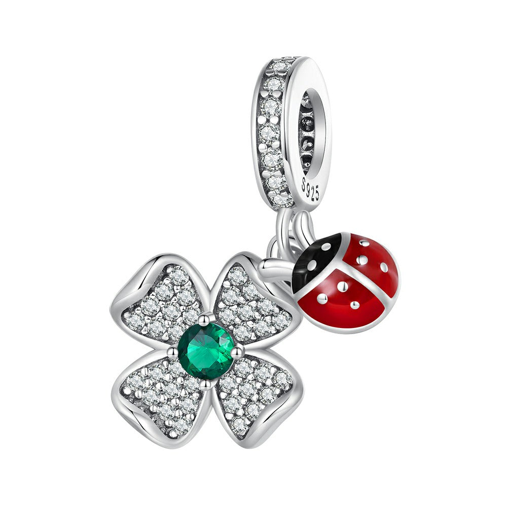 Lucky Clover Ladybug Dangle Charm Silver