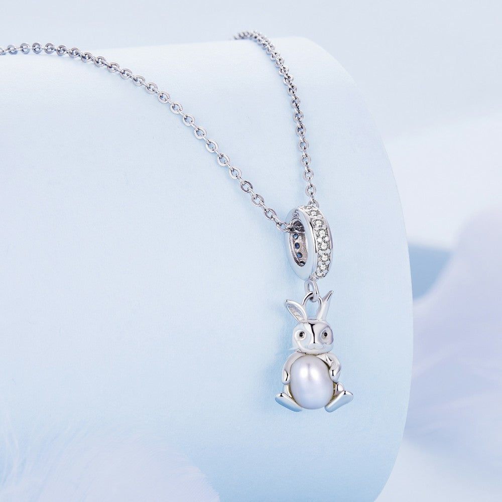 Rabit Hug Pearl Dangle Charm Silver