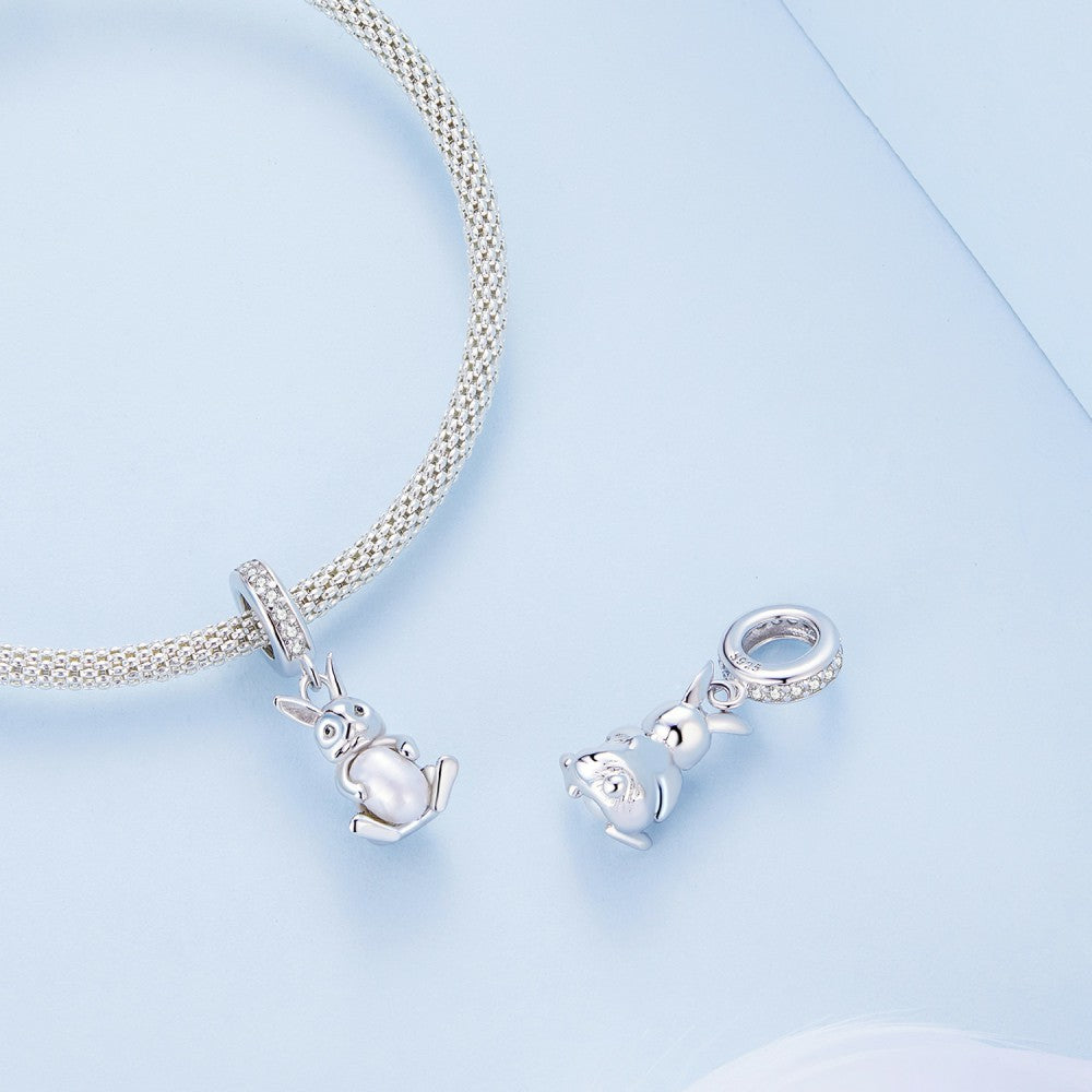 Rabit Hug Pearl Dangle Charm Silver