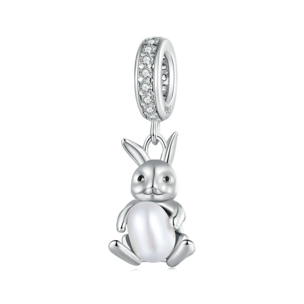 Rabit Hug Pearl Dangle Charm Silver