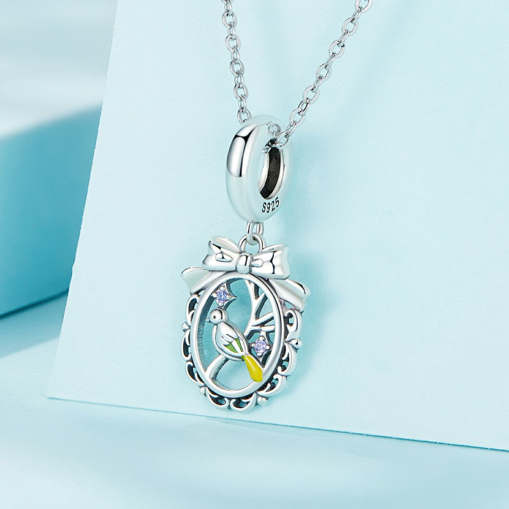 Bird in Mistletoe Round Ring Dangle Charm Silver