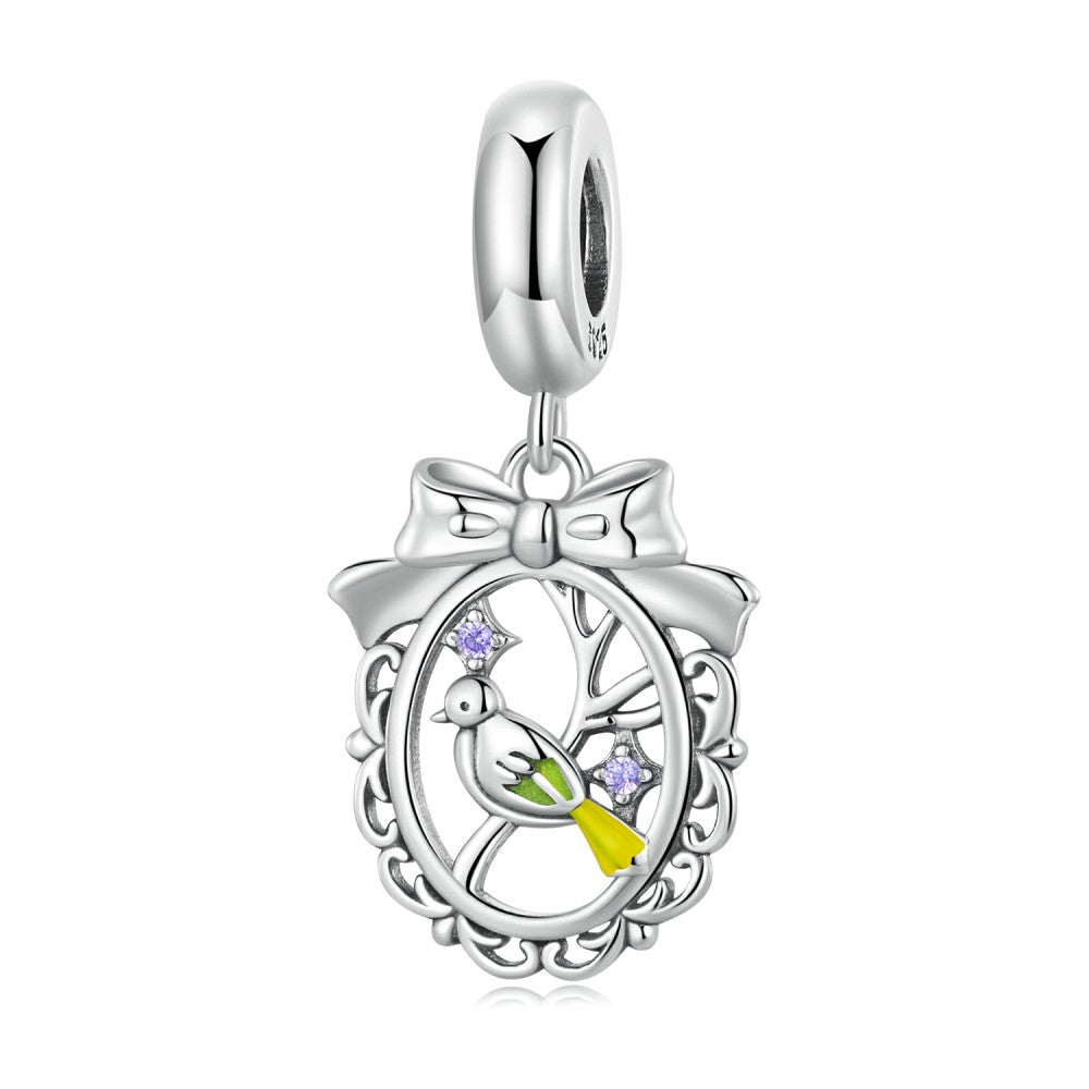 Bird in Mistletoe Round Ring Dangle Charm Silver