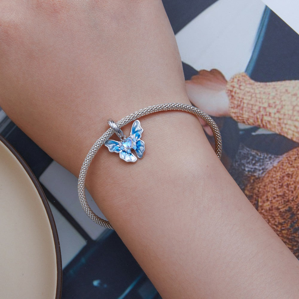 Bule Butterfly Dangle Charm Silver