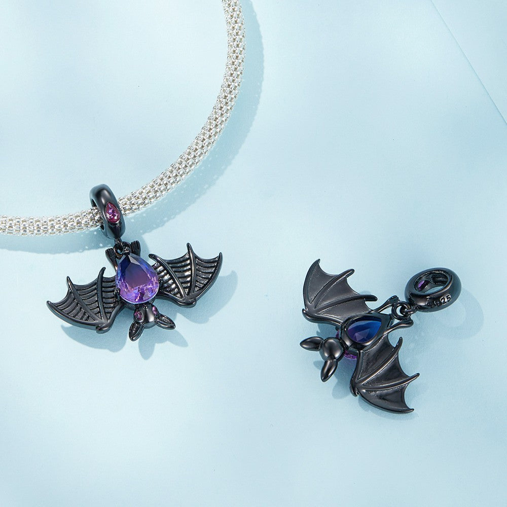 Black Bat Dangle Charm Silver