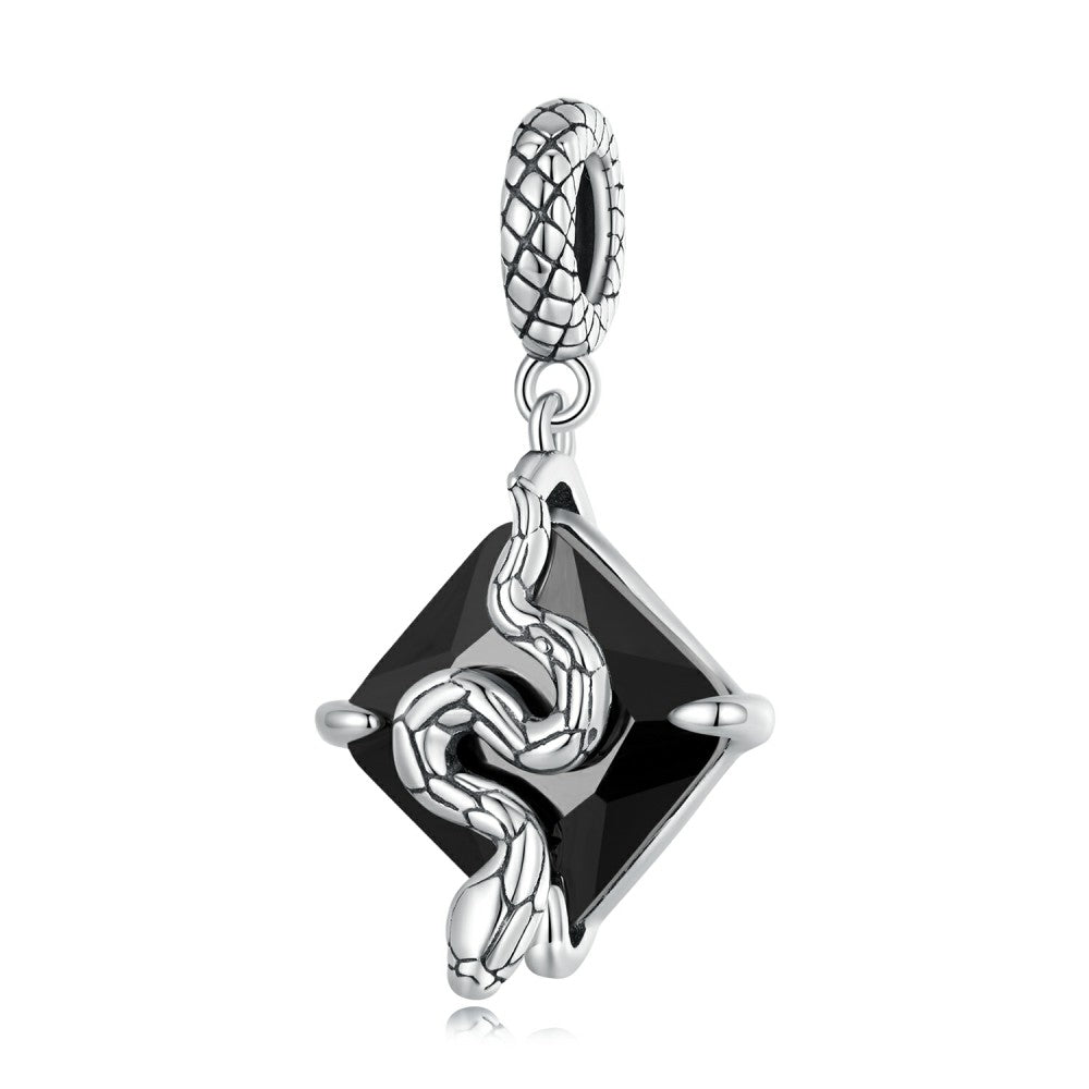 Snake on Black Dangle Charm Silver