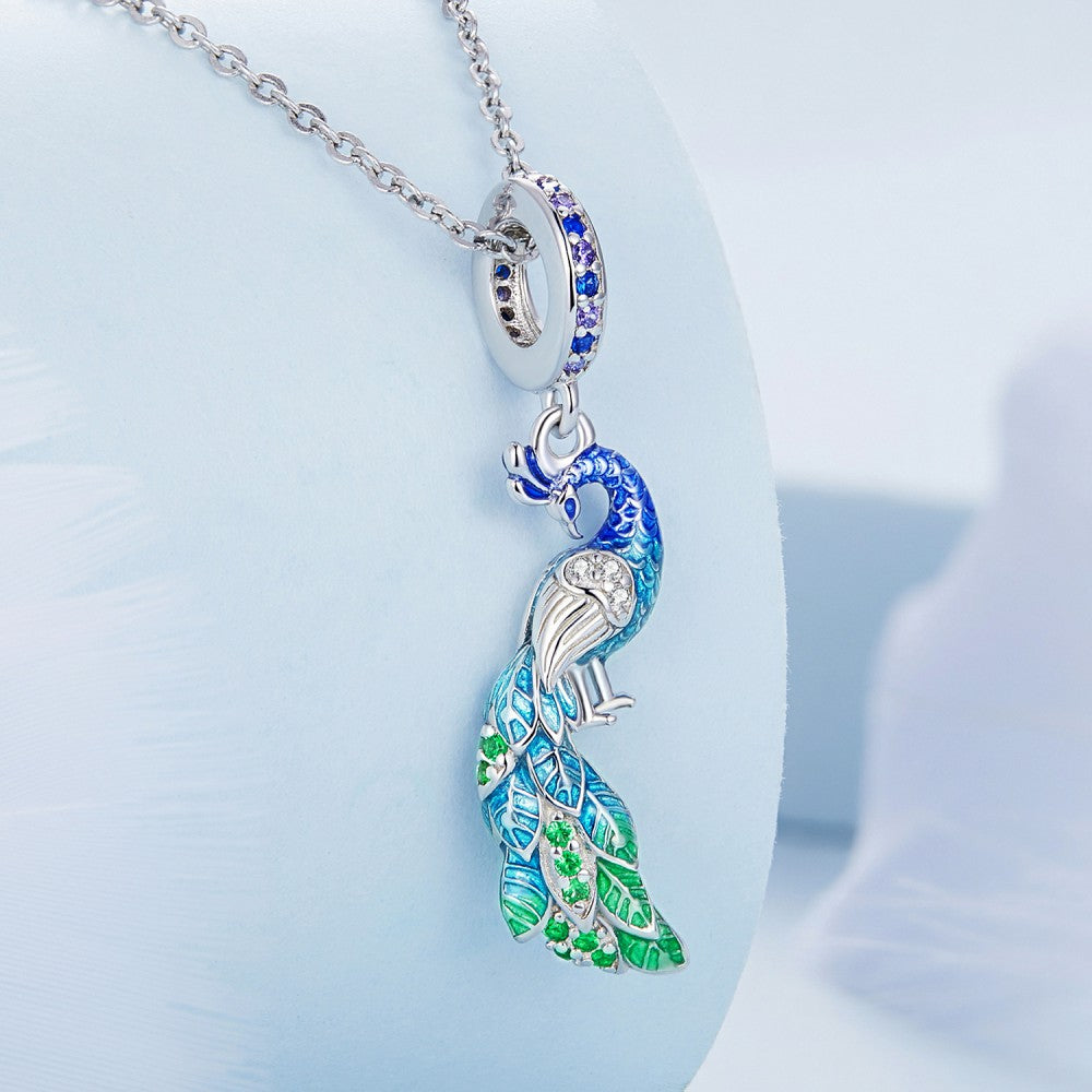 Blue Peacock Dangle Charm Silver