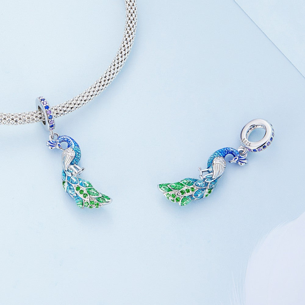 Blue Peacock Dangle Charm Silver