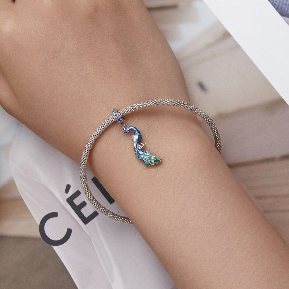 Blue Peacock Dangle Charm Silver
