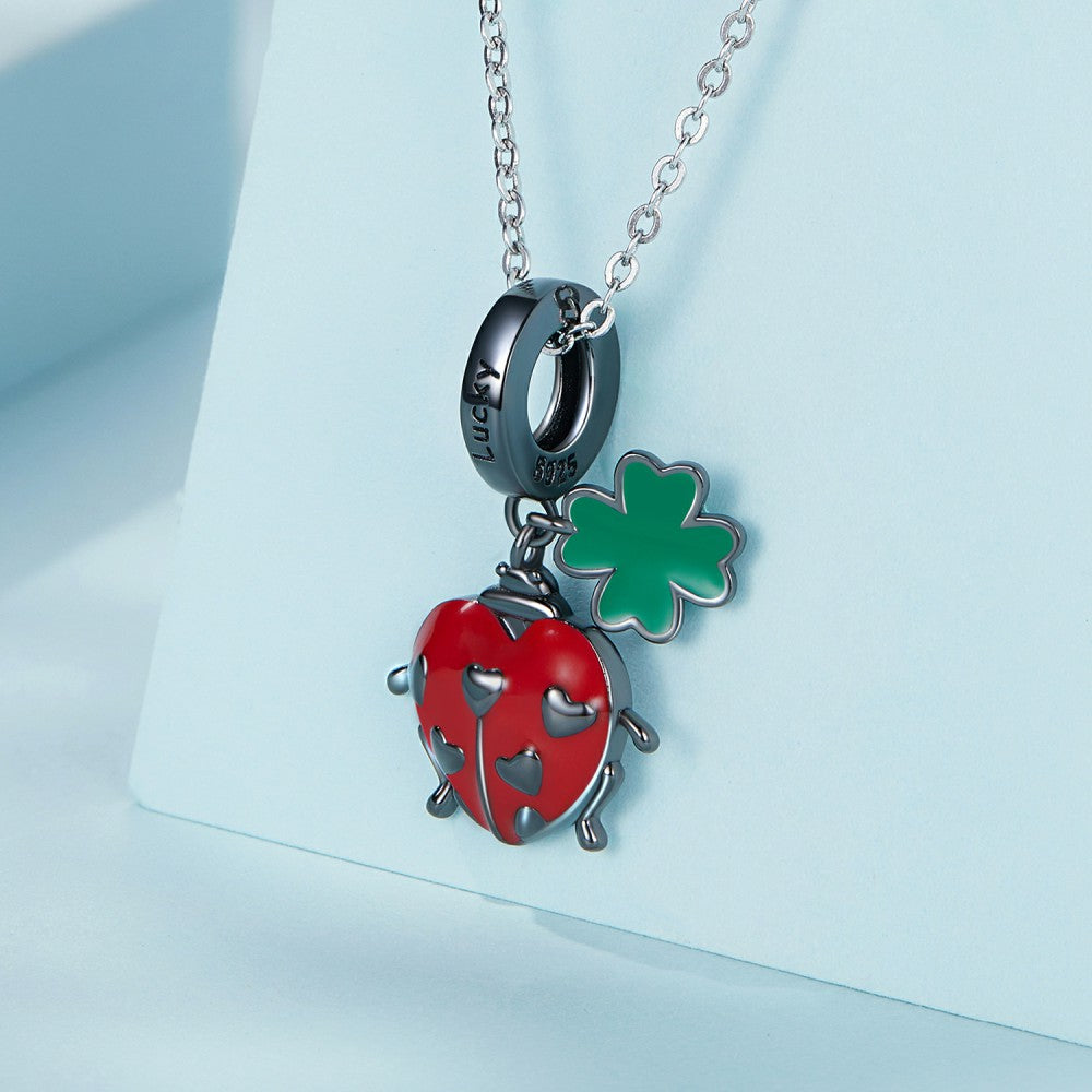 Red Ladybug and Four-leaf Clover Dangle Charm Silver