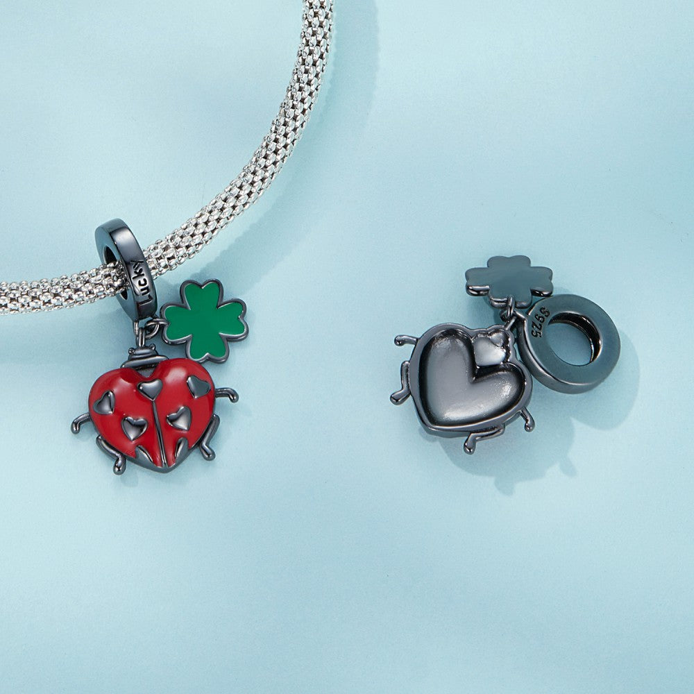 Red Ladybug and Four-leaf Clover Dangle Charm Silver