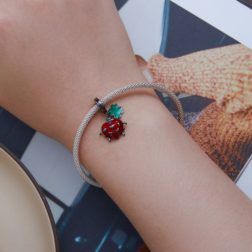 Red Ladybug and Four-leaf Clover Dangle Charm Silver