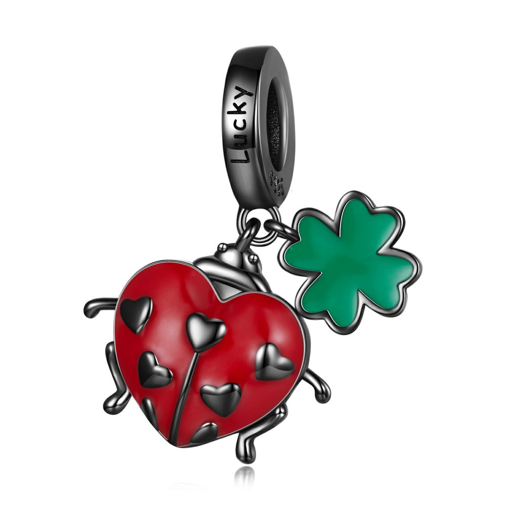Red Ladybug and Four-leaf Clover Dangle Charm Silver