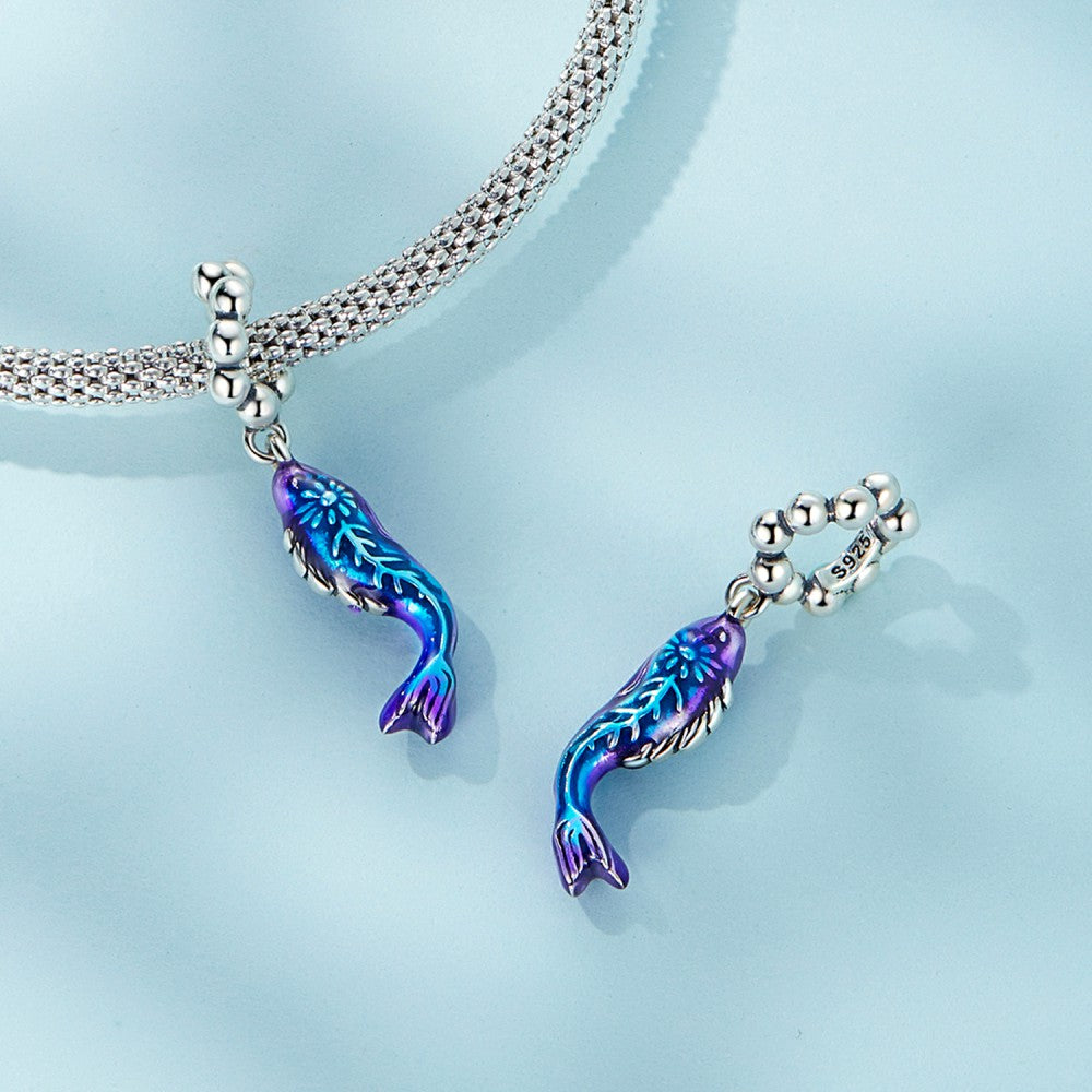 Blue Weird Fish Enamel Dangle Charm Silver