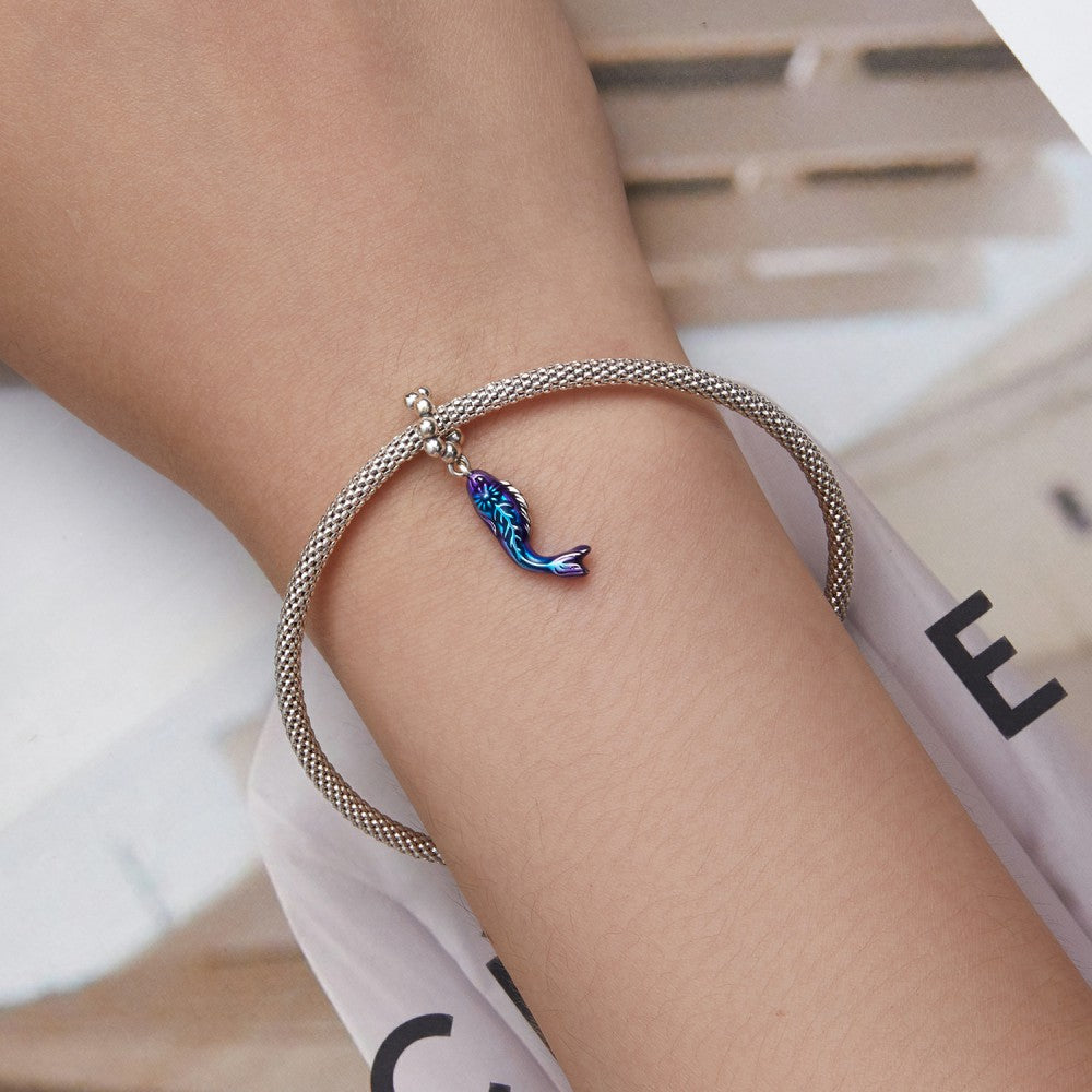 Blue Weird Fish Enamel Dangle Charm Silver
