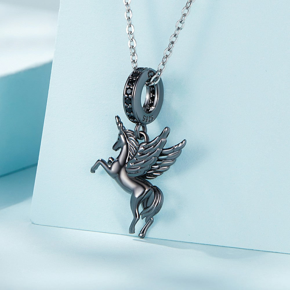 Black Flying Horse Dangle Charm Silver