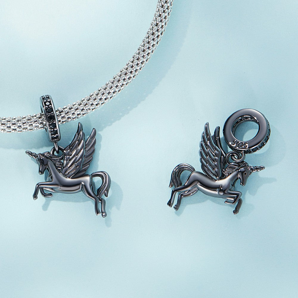 Black Flying Horse Dangle Charm Silver