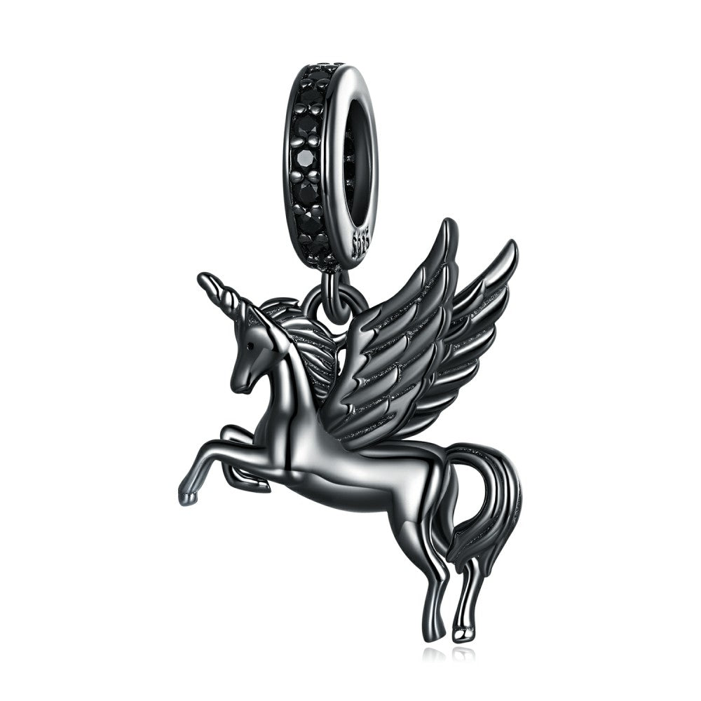 Black Flying Horse Dangle Charm Silver