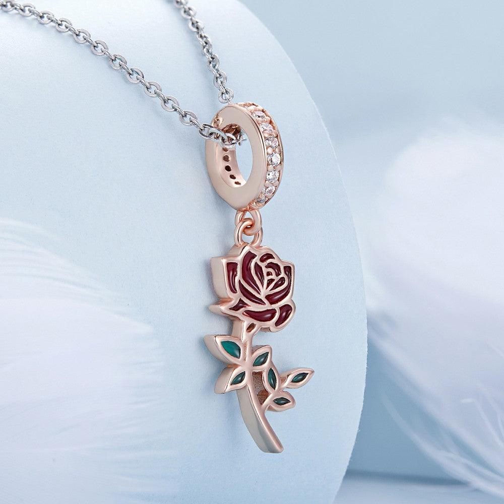 Red Rose Dangle Charm Silver