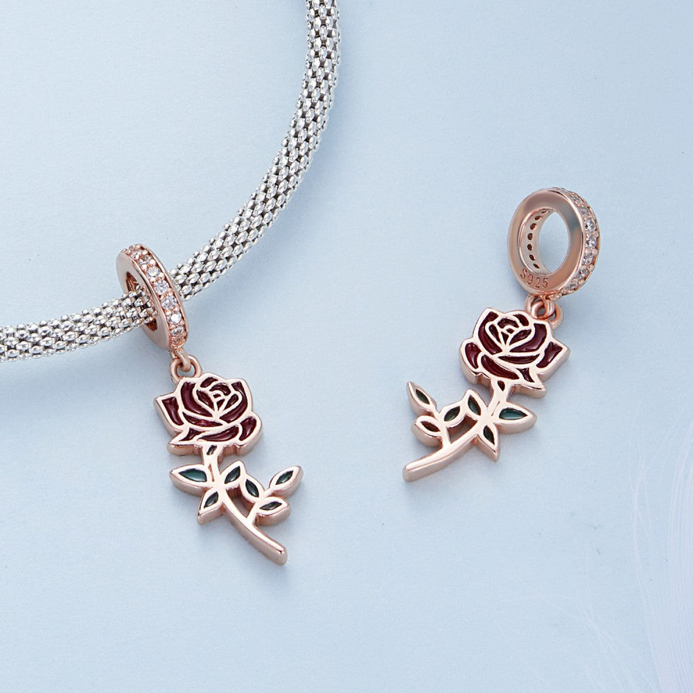 Red Rose Dangle Charm Silver