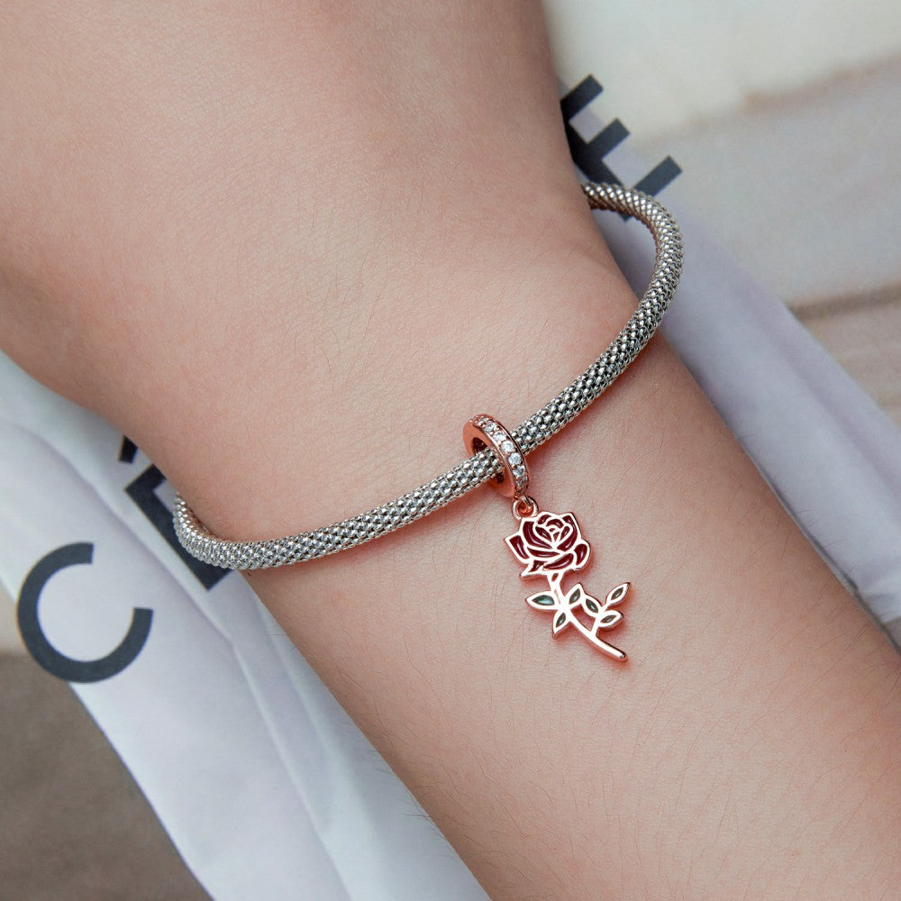Red Rose Dangle Charm Silver