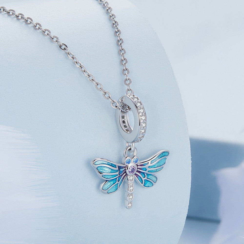 Blue Dragonfly Dangle Charm Silver