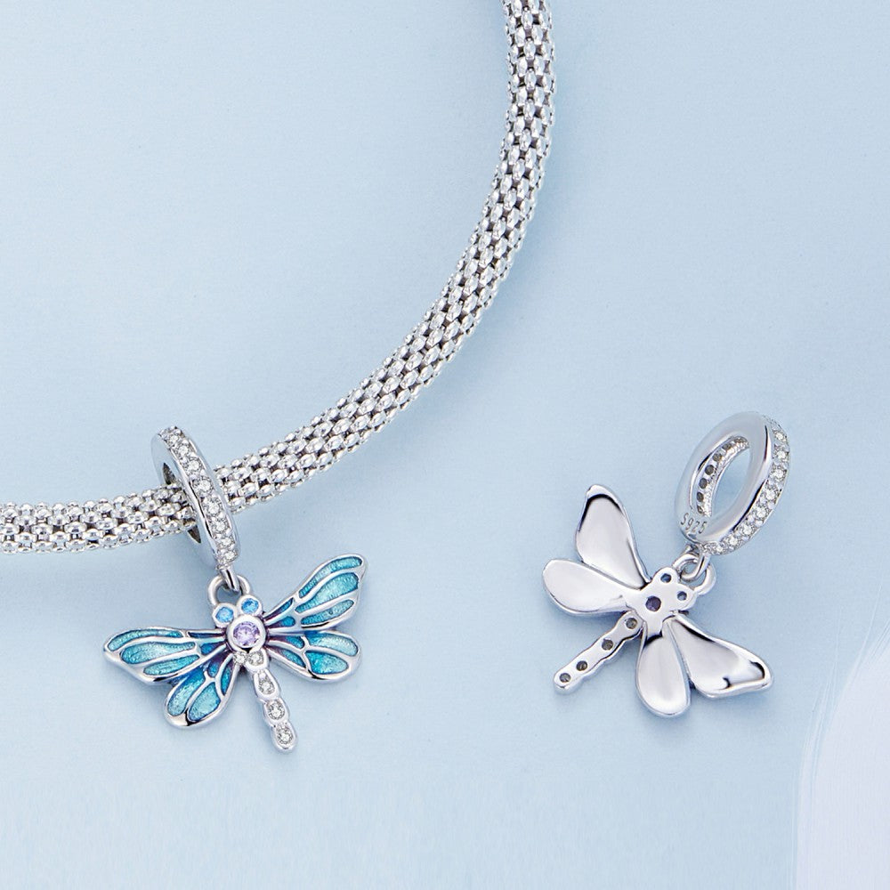 Blue Dragonfly Dangle Charm Silver