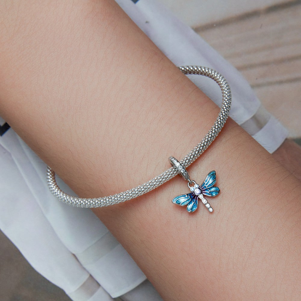 Blue Dragonfly Dangle Charm Silver