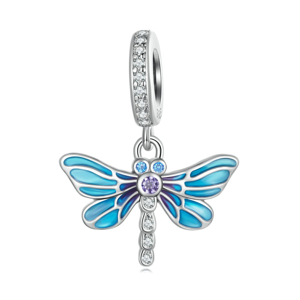 Blue Dragonfly Dangle Charm Silver