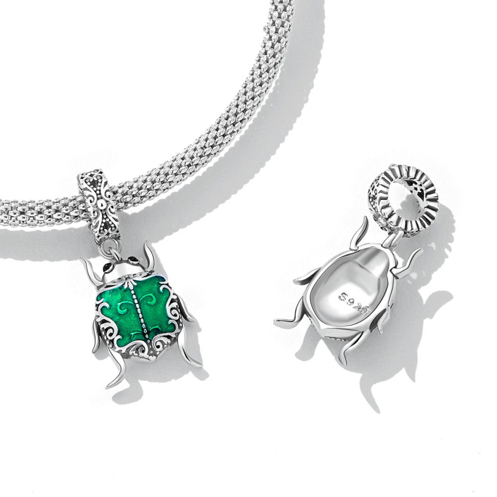 Green Beetle Elf Dangle Charm Silver