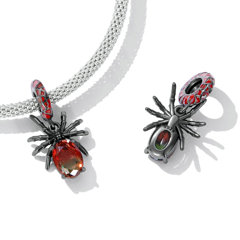 Black and Red Dark Spider Dangle Charm Silver