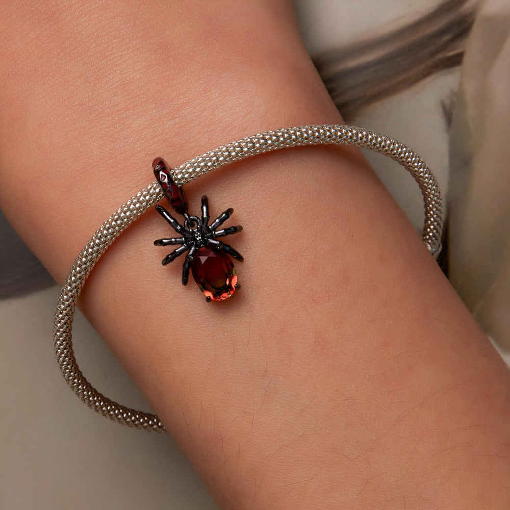 Black and Red Dark Spider Dangle Charm Silver