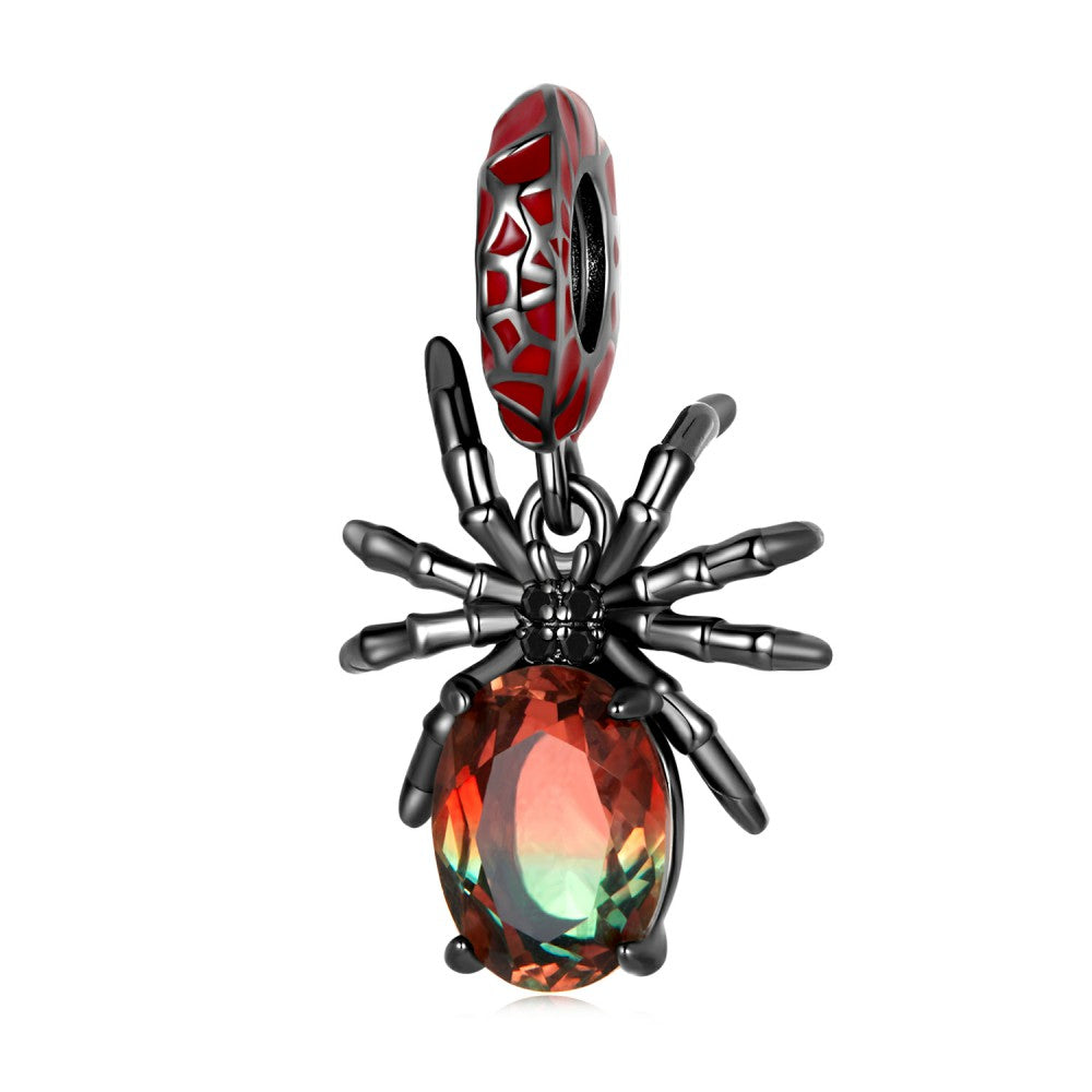Black and Red Dark Spider Dangle Charm Silver