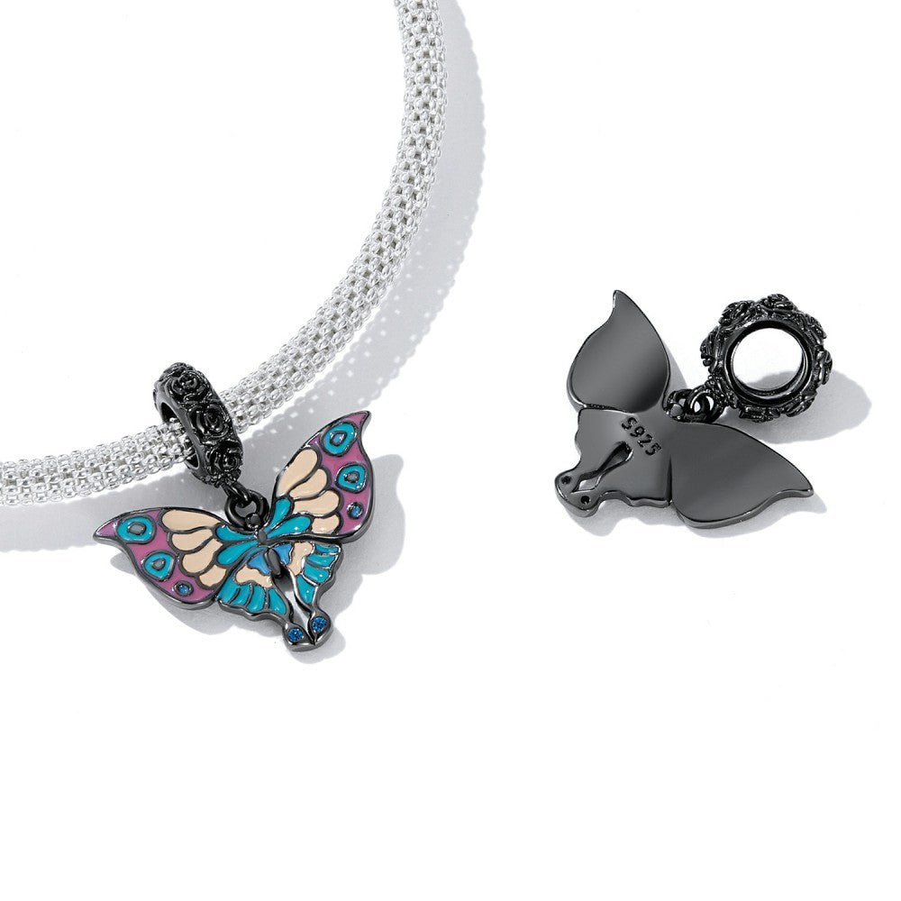 Art Butterfly and Black Rose Dangle Charm Silver