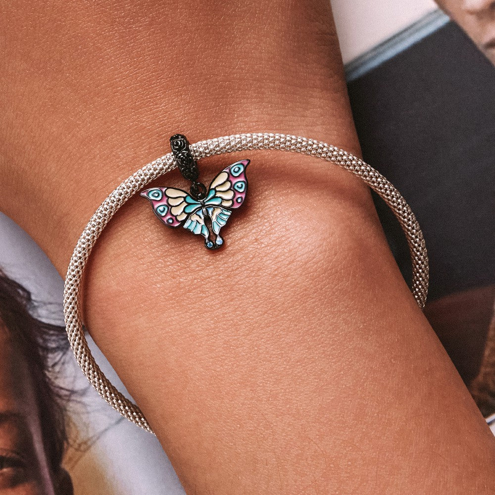 Art Butterfly and Black Rose Dangle Charm Silver