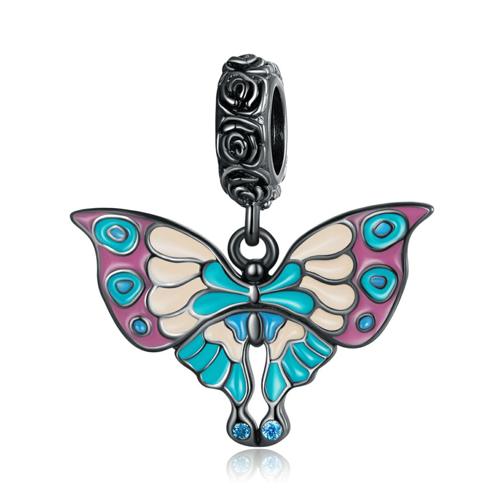 Art Butterfly and Black Rose Dangle Charm Silver